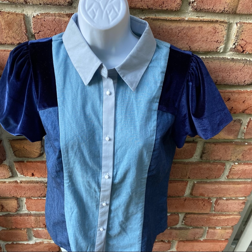 Blue Color Block Velvet & Chambray Button Shirt S - image 2